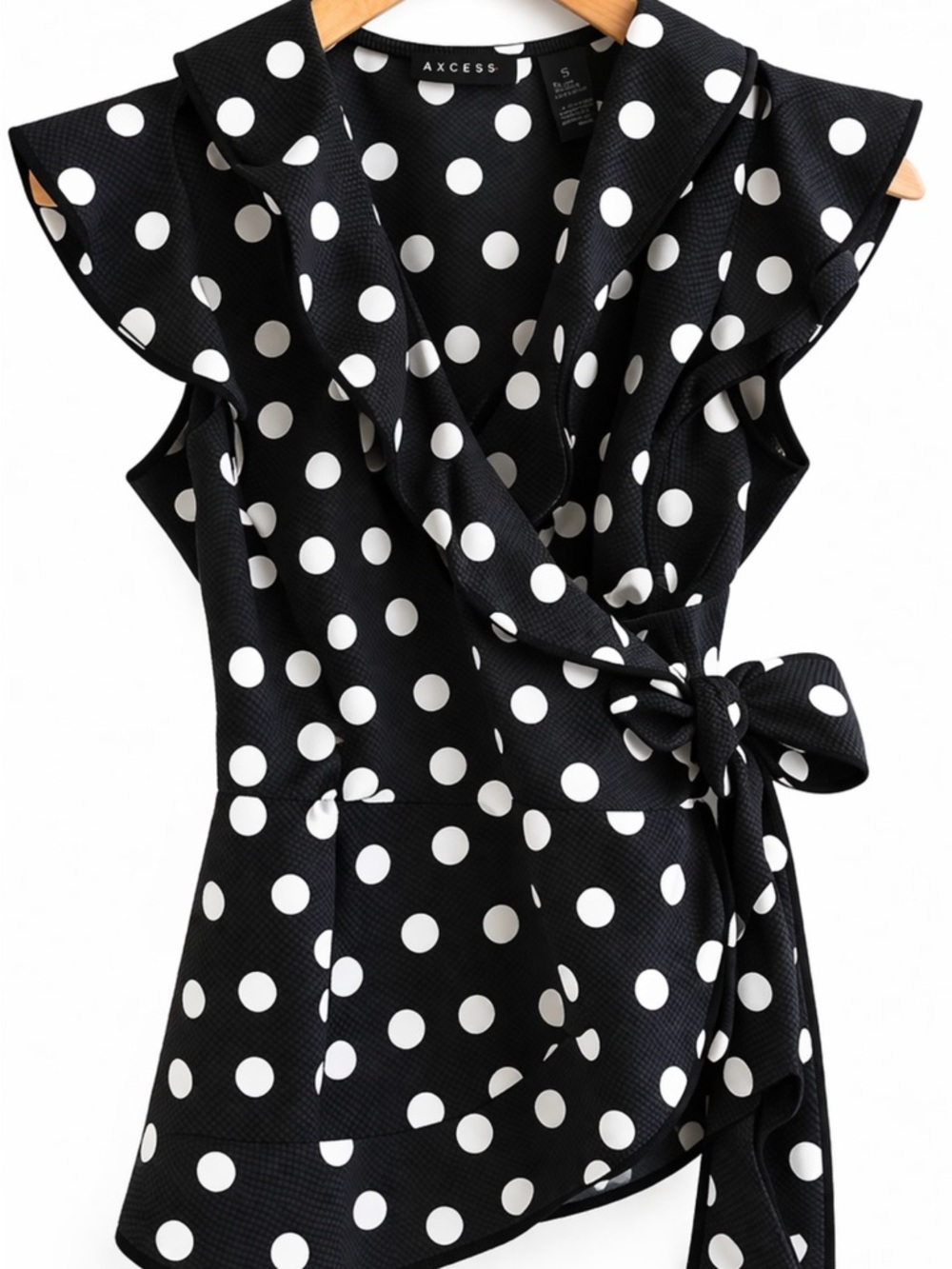 Axcess Polka Dot Wrap Top Size Small Adjustable Waist Black White NWT